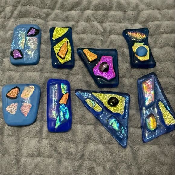 Set of 9 Blue Fused Dichroic Glass Cabochons –Iridescent Handmade Jewelry Pieces - Picture 14 of 16